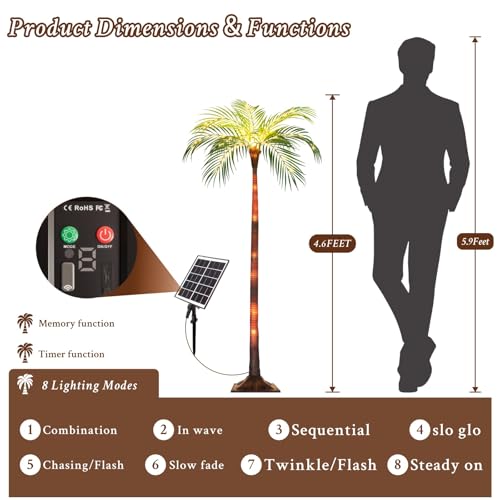 Solar Palm Tree Lights for Patio Outdoor Decoration，4.6FT Artificial Palm Tree with 110 LED Lights for Pool Tiki Bar Garden, Palm Trees with Light Up Plastic TreeTrunk and Rechargeable Remote Control