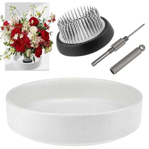 Folmywy Japanese Ikebana Vase Kit Flower Frog Flower Arrangement with 1.97 Inch Kenzan White Ceramic Ikebana Bowl for Home Decor Art Supplies Floral Arrangement Teaching Aids - color: White With 1.97inch Kenzan