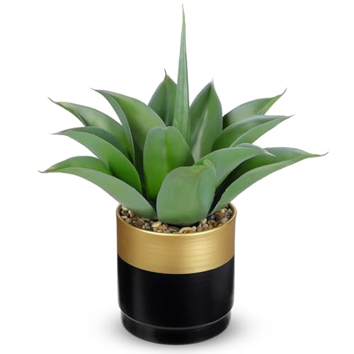 Briful Artificial Agave Plant in Black and Gold Metal Pot, 13 Inch Tall Fake Succulent Potted Plants with Wide Gray-Green Leaves, Faux Houseplant for Modern Home Office Shelf Decor - color: Aloe Vera Gold Black Vase