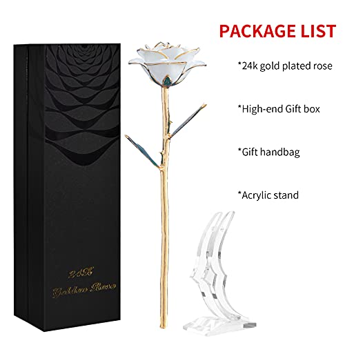 SW 24k Gold Dipped Real Rose Lasted Forever with Stand, White Gold Rose Gifts for Women Wife for Her, Christmas, Valentines Day, Mothers Day, Birthday - color: White