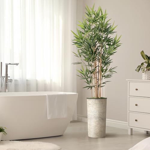 Artificial Tree in Off-White Texture Planter, Fake Bamboo Silk Tree for Indoor and Outdoor Home Decoration - 70" Overall Tall (Plant Pot Plus Tree) - style: Bamboo