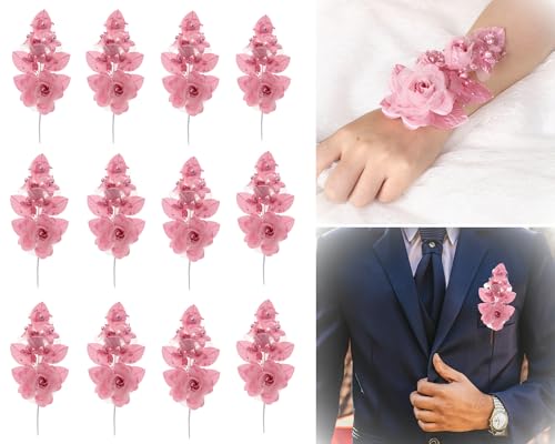 Set of 12 Artificial Silk Organza Craft Rose Flower, 12 Corsage Wristlet, 12 Pin Back DIY Boutonnieres for Wedding, Bridesmaids, Groomsmen, Quinceanera, Prom, Sweet 16 (Mauve) - color: Mauve
