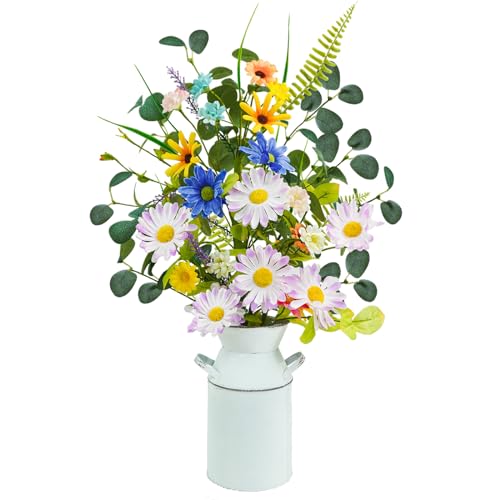 Krissing Fake Flowers with Vase, 23" Tall Faux Floral Arrangement in Metal Pot Silk Artificial Wild Yellow Flowers Greenery Stems for Table Centerpieces Home Dining Room Spring Decor - color: Yellow