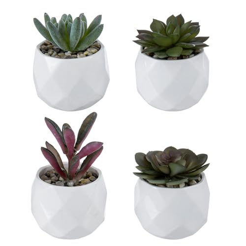 MyGift Miniature Artificial Succulents, Indoor Fake House Plants in Round White Geometric Ceramic Pots, Set of 4 - color: White (Set of 4)