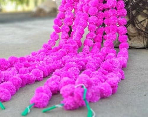 Artificial Marigold Garland for Decoration 5 Pcs of 5 feet Long Strands Artificial Marigold Flowers, Indian Decor for Pooja, Wedding Christmas, Events Decorations (Pink) - color: Pink