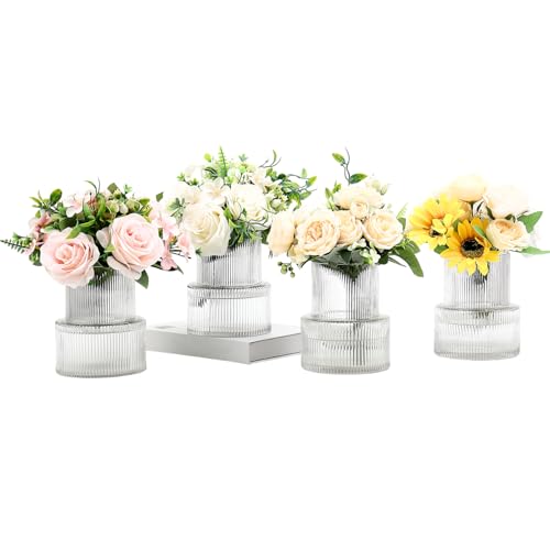Ribbed Glass Vases, Set of 4 Small Vases for Flowers, Clear Glass Vase for Tulips, Modern Vase for Living Room, Kitchen, Office, Entryway, Bookshelf, Wedding Gifts, Birthday, 6 Inches - color: Clear, size: Ribbed 6 Inches (4-Pack)