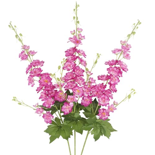 3 Pcs Delphinium Artificial Flowers 40" Long Stem Silk Larkspur Flowers Bulk Magenta Faux Delphinium Stems for Tall Floor Vase Wedding Floral Arrangement Centerpieces Outdoor Home Decor Indoor - color: Magenta