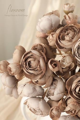 Floroom Ranunculus Artificial Flowers 18 Pcs Taupe Brown Faux Silk Mini Ranunculus Bulk Fake Wedding Filler Flowers for DIY Bouquets, Centerpieces, Bridal Shower Decorations & Arrangements - color: Taupe Brown
