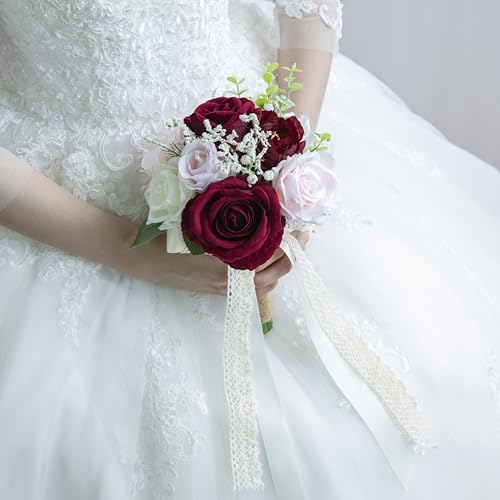 Wedding Bouquets for Bride Bridesmaid, Artificial Burgundy Blush Bride Flower Bouquet for Wedding Church Decoration Ceremony, Anniversary, etc, Roses Flowers - color: Burgundy & Blush