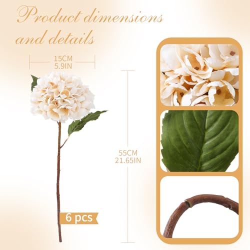 6PCS 21 Inch Lifelike Artificial Silk Hydrangea Flowers, Large Fake Hydrangea Flowers Bouquet with Stems, Full Faux Hydrangea for Home Decor Wedding Table Party Office Decor(Off White) - color: Off White