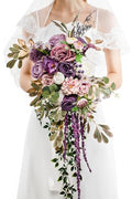Lisuun Wedding Bouquets for Bride, 16 Inches Wedding Flower Bouquet, Silk Round Bridal Bouquet for Wedding, Ceremony, Anniversary - color: White&purple