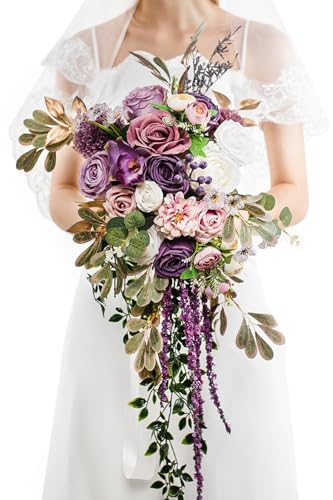 Lisuun Wedding Bouquets for Bride, 16 Inches Wedding Flower Bouquet, Silk Round Bridal Bouquet for Wedding, Ceremony, Anniversary - color: White&purple