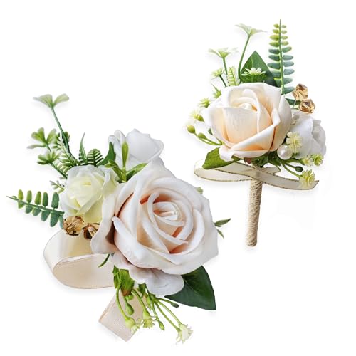Corsage and Boutonniere Set with Champagne Roses for Bride, Groom, Bridesmaids Groomsmen Weddings, Proms, Homecomings. Perfect Party Suit Decor Wedding Flowers Accessories (Champagne) - color: Champagne