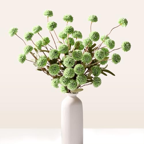 Waipfaru 10pcs Fake Flowers, Artificial Pompon Mums , Bulk Faux Chrysanthemums Flowers for Indoor Home Decorations, Boho Decor, Green, No vase - color: Green