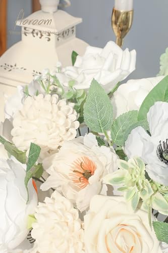Floroom Cream White Artificial Flowers Fake Roses Dahlias Peonies Poppies and Greenery Combo Box Set for DIY Wedding Bouquets Bridal Shower Centerpieces Floral Arrangements Party Tables Decorations - color: Ethereal Cream & White