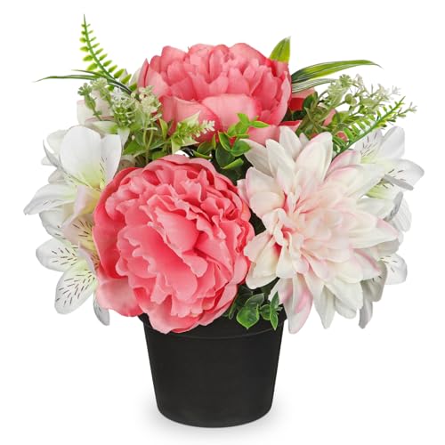 GnFlus Hot Pink Artificial Flowers Small Fake Flowers in Vase Peonies Dahlia Tiger Lily Potted Silk Flower Arrangements Faux Plants & Flowers Home Bathroom Kitchen Table Centerpieces Desk Decor - color: Hot Pink