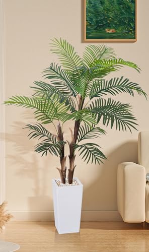 HAIHONG Artificial Palm Tree 6FT, Fake Tree with Realistic Fiber Trunks and White Tall Planter, Faux Tropical Areca Floor Plant in Pot,Artificial Silk Plant for Home Decor Office Decor