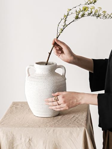 White Ceramic Vase with Handles, 9.5" Large Farmhouse Flower Vase - Rustic Centerpiece for Living Room, Bookshelf, Mantel, Entryway, Table & Wedding Home Decor (Rock Sand White) - color: 9.5 Inch-rock Sand White