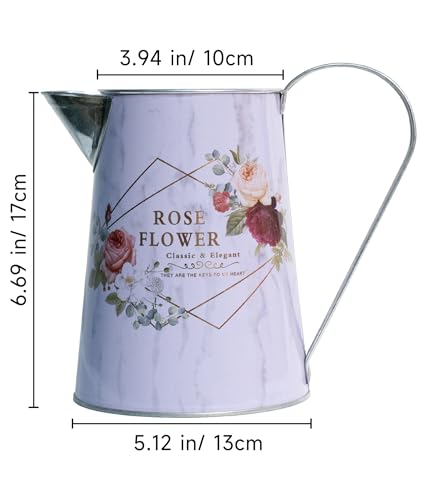 Yoillione White Metal Flower Vase with Rose Floral Pattern, Jug Pitcher Vase with Handle for Romantic Farmhouse Home Decor, Gifts for Women Girls - color: Rose, size: Small
