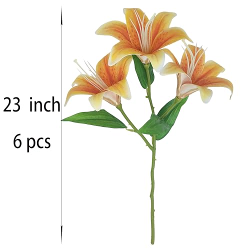 Artificial Lily Flowers,6 Pcs Faux Lily Flowers,23 Inch Long Stem Tiger Lily Branch with 3 Full Blooms and 4 Leaves, Latex Real Touch Lilium Flower for Wedding Bouquet (6, deep Orange) - color: Deep Orange
