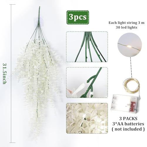 Spring Fake Hanging Plants Artificial Vines Outside Fake Plant Faux Hanging Plants Indoor Money Plants for Room Wedding Proch Yard Outdoor Home Wall Kitchen Bathroom Decoration in 3 Pcs(Pure White) - color: Pure White, size: Hanging Plants With Lights