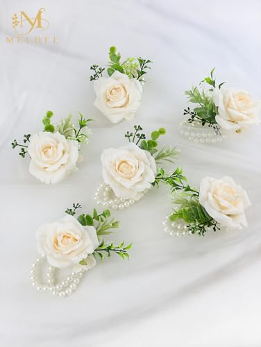 Wrist Corsage for Wedding(Set of 6),Artificial Champagne Rose Eucalyptus Pearls Wristband Corsages for Bride Bridesmaids Wedding, Women Mother Wrist Flower for Prom Party Anniversary Decor - color: Champagne-c Wrist Corsage 6pcs