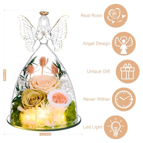 Mothers Day Rose Gifts for Women Preserved Real Flower in Glass Angel Figurines Roses for Delivery Prime Birthday Gifts for Mom Grandma Girlfriend Wife Her, ChampagneGold Austin - color: Champagnegold Austin