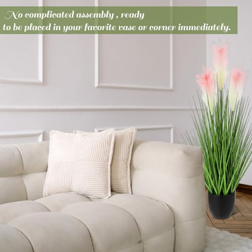 Jexine 2 Pcs 4 ft Artificial Tall Grass Plants for Outdoor Faux Tall Grasses Plant with Reed Flowers Potted Fake Greenery Plants for Housewarming Gift House Garden Lobby Outdoor Decoration (Pink) - color: Pink