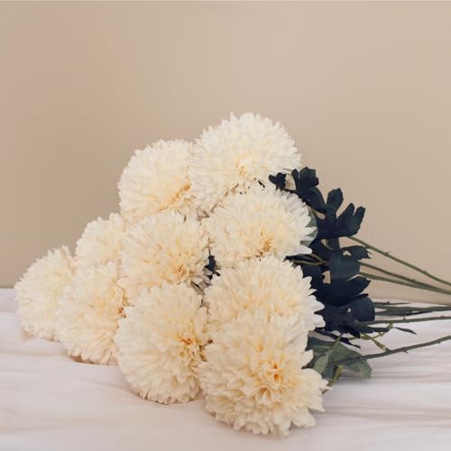 Large Kiku Flower Beige 10 Stems, Silk Flowers Bulk Boho Bouquet, Large Artificial Flowers, Tall Flowers With Long Stems, Realistic faux flowers Neutral Home Decor, Flores Artificiales Para Decoracion - color: Beige Large