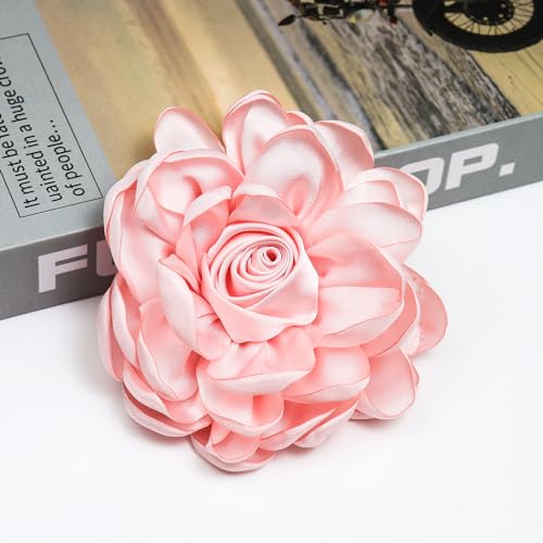 Dainty Satin Rose Flower Brooch Pins for Women Delicate Large Camellia Pins Shawl Clips Duckbill Clips Wedding Prom Banquet Party Jewelry Gift - color: Crystal Pink