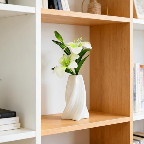 Twisted Dopamine Plastic Vase with Fake Artificial Lily Flowers，Modern Vibrant Decorative Vase for Home Living Room Coffee Dining Table Bookshelf Shelf Console Bedroom(White) - color: White