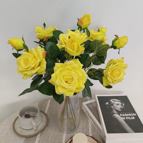 ATFL Fake Flowers, Yellow Rose,6 Pcs Faux Silk Real Touch Moisturizing Artificial Rose Flowers for Decoration,Flores Irosas Artificiales para Decoracion (6, Yellow) - color: Yellow