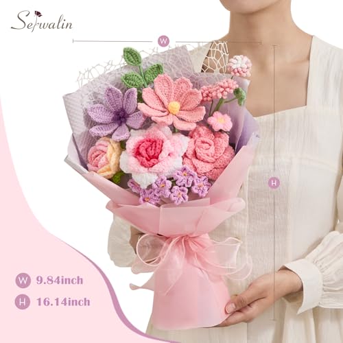 Serwalin Crochet Flower Bouquet,Pink Knitted Flowers,Roses Crochet Flowers for Mother’s Day Lover Wedding Anniversary Birthday Valentine Day Back-to-School or Graduation Ceremonies Gift (with Card) - color: Athens Pink and Purple