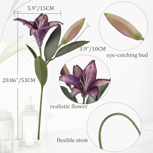 Purple Silk Lily Flowers 6PCS Vintage Faux Flowers for Vase Purple Fake Flowers Tiger Lily Artificial Flowers for Home Decor Indoor Wedding Party Flowers Arrangement - color: 6pcs-purple