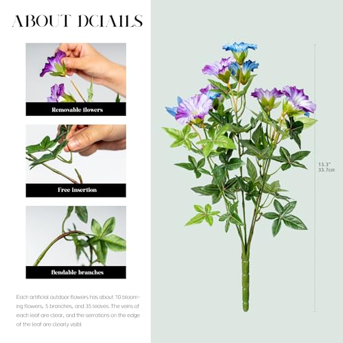 Blue Purple Artificial Morning Glory Flowers for Outdoor Planters, Premium UV Resistant Silk Faux Flowers for Porch, Hanging Basket & Window Box, Cottage Garden Decor, No Pot, 13.3 Inch, 8 Bundles - color: Blue Purple 8pcs