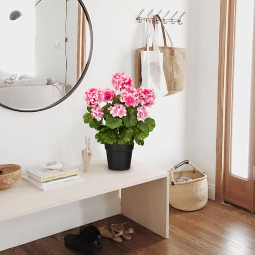 Briful Artificial Geranium Potted Plant – 16” Tall, Realistic Silk Flowers with Vibrant Green Leaves, Pink White Geraniums Fake Flowers for Outdoors Home Décor, Wedding Farmhouse Office Tables Decor - color: Pink
