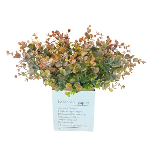 8 Bundles Multi Colored Artificial Eucalyptus Leaves, Plastic Plants, Outdoor Plants, Indoor Decorative Artificial Plants, Porch Window Frames, Green Plant Decorations (8, Grey Orange) - color: Grey Orange