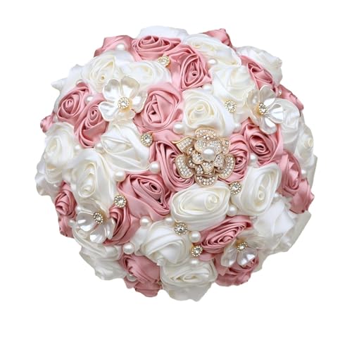 Bridal Wedding Bouquet with Rhinestone Brooch Pearl for Bride Bridesmaid Wedding Quinceanera Satin Rose Flower Bouquet Blush Pink and Ivory 8.7in - color: Blush & Ivory, size: Large (DIA. 8.7"/22cm)
