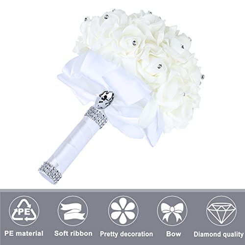Wedding Bouquet Crystal Roses Bridesmaid Bouquet, Bridal Bouquet Artificial Flowers for Wedding, Party and Church (White) - color: White-
