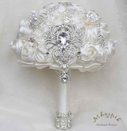 Bridal Wedding Bouquet Round Bling Brooch Bouquet Artificial Rose Flower Bunch for Bride Bridesmaid Wedding Quinceanera(Ivory, 9.8") - color: Ivory*, size: Large (Dia. 9.8"/25cm)