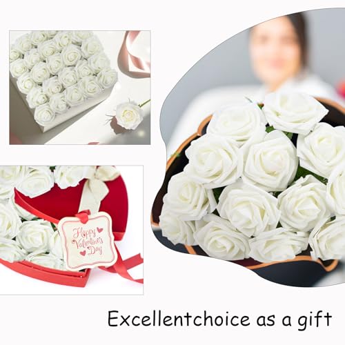 NONMON 100pcs Artificial Flowers White Roses for Decorations, Real Looking Fake Foam Roses Bulk with Stems Valentine's Day DIY Wedding Bouquets Bridal Shower Floral Arrangement Party Home Table Decor - color: Ivory