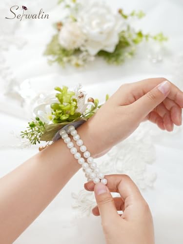 Serwalin 2 PCS Wrist Corsage,Ivory White 6-7 Inch Corsages for Wedding,Prom Ceremony Anniversary - color: Ivory White, size: Corsage-2pcs