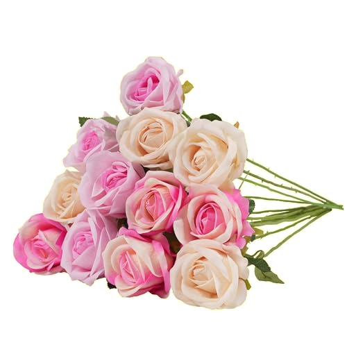 12PCS Artificial Realistic Silk Fake 3-Colored Roses Long Stem | 3 Colors Mixed Roses For Wedding Decoration, Party Table Decoration, Valentines Mother's Day - color: 4 Pink/4 Red/4 Champagne