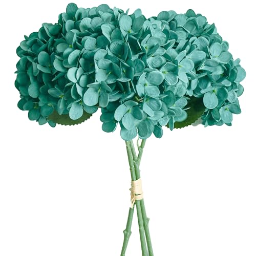 Mandy's 3 Stems Artificial Teal Hydrangea Flowers | 13.7 inch Realistic Silk Bouquet for Centerpieces Easter Wedding & Home Decor - color: Teal
