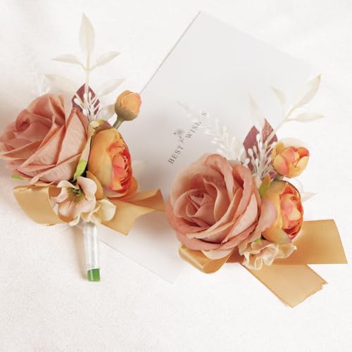Alizeal 2Pcs of Wrist Corsage and Boutonniere Set, Artificial Flowers Accessories Suit Decor for Wedding Prom Party Homecoming Ceremony, Light Orange - color: 701-light Orange