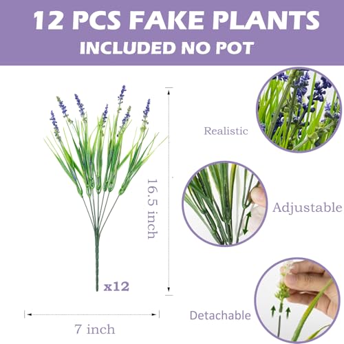 Outdoor Faux Plants, 12 Pcs Fake Plant UV Resistant Monkey Grass Lavender Flowers, Artificial Greenery Shrubs Bush for Outside Planter Patio Garden Front Porch Door Yard Spring Summer Decor, Purple - color: Purple
