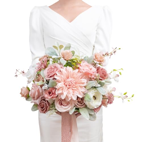 TINGE TIME 13 Inch Wedding Bouquets for Bride,Bridal Bouquet for Bride, Artificial Silk Flowers for Wedding Ceremony and Anniversary (Dusty Rose & Cream) - color: Dusty Rose
