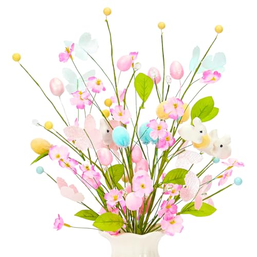 4 Pcs Artificial Easter Stems Decorations, Colorful Egg Branches with Glitter Butterflies Decor, Spring Flowers and Bunny for Vase Arrangement Centerpiece Decor