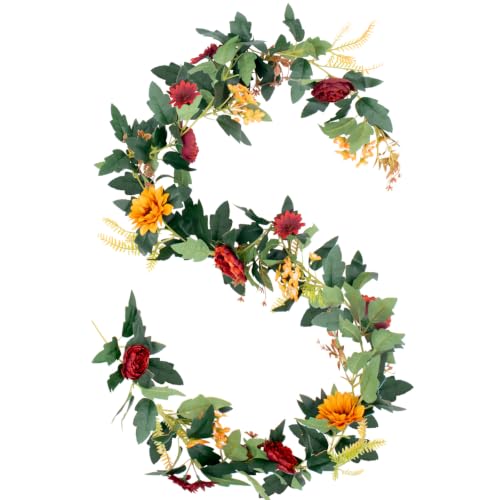 MAKHOT 2Pack Artificial Maple Leaves and Sunflowers Burgundy Roses Garland | Fake Flower Gypsophila Vine Garlands Decor, Floral Flower Greenery Garland for Wedding Home Table Decor - color: Green & Ren-2pcs