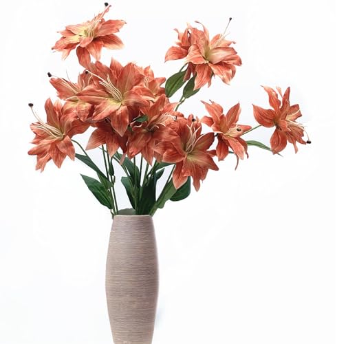 Artificial Lily Flowers, Vintage Fake Silk Flower Long Stems Stargazer Lilies Real Touch Faux Plants Stem Tiger Bouquets for Home Decor Indoor Outdoor Wedding Party Floral DIY Decorations Brown 4 Pack - color: Lily Flowers - Brown 4 Pcs
